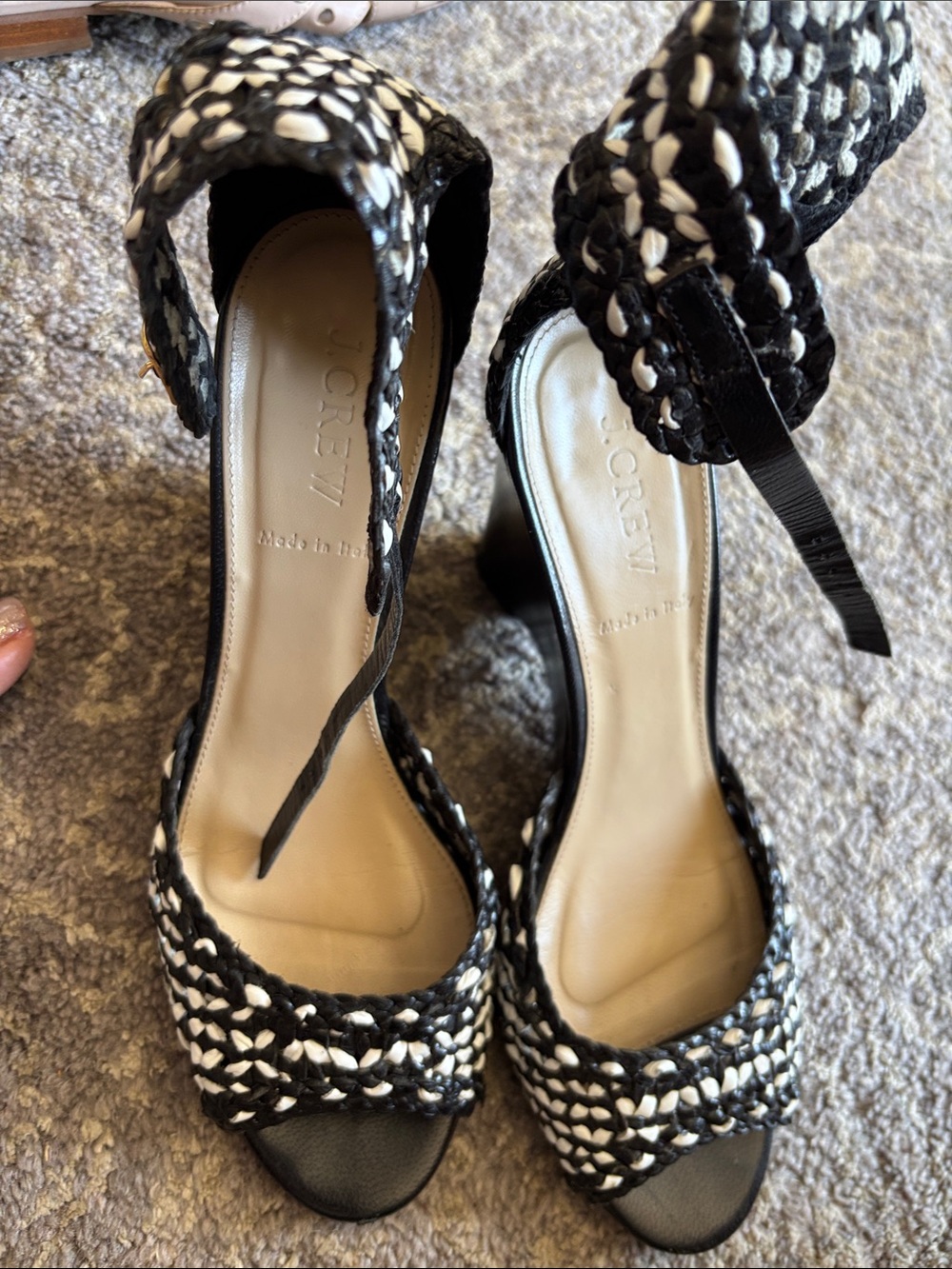 J. Crew Black and White Braided Ankle-Strap Sandals with Buckle